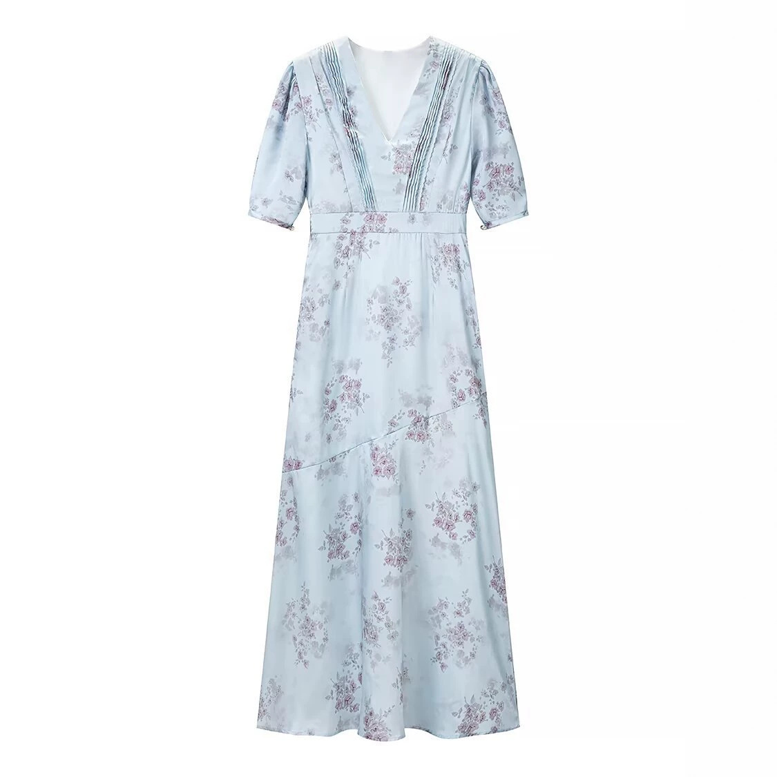 Light Blue Floral V-Neck A-Line Midi Dress