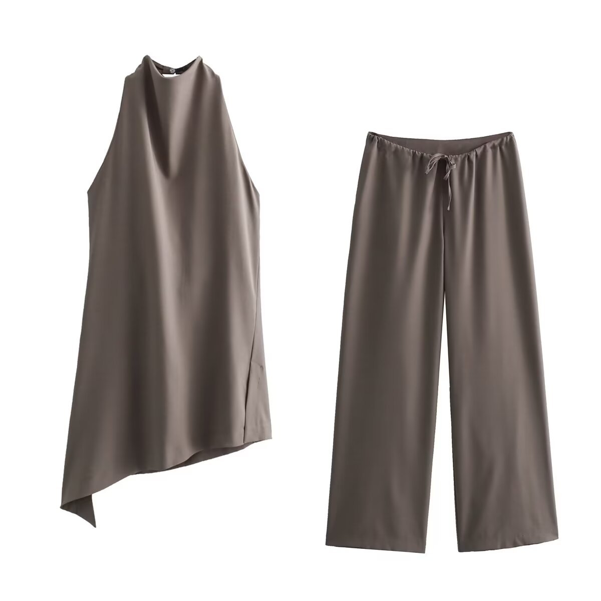 Women's Halter Neck Asymmetrical Top and Tie-Waist Pants Set