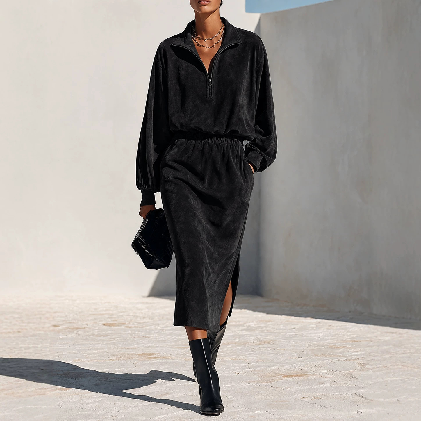 Women's Half-Zip Stand Collar Sweatshirt and Skirt Two-Piece Set