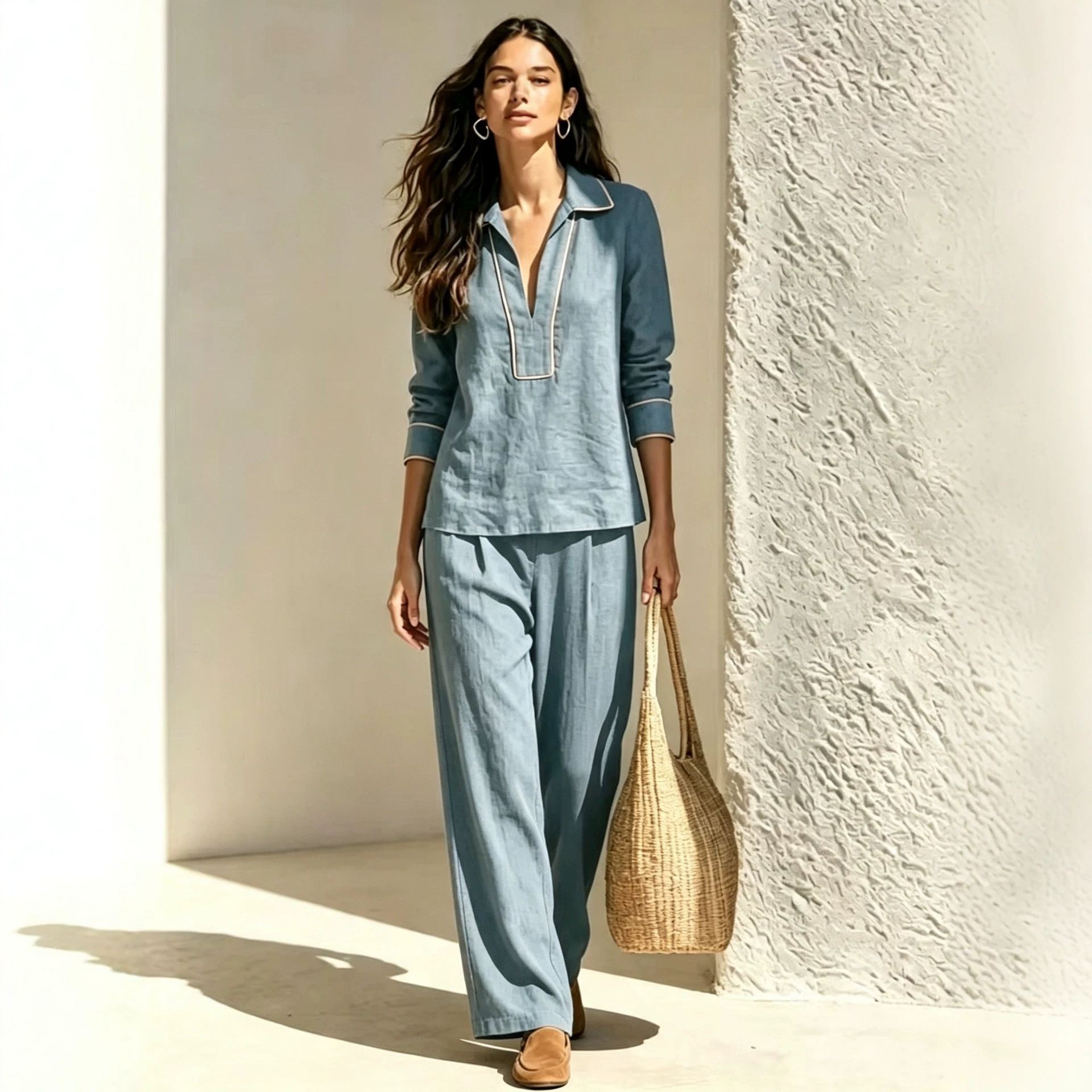 Women's Linen-Blend Pullover Hoodie Two-Piece Set Long Sleeve