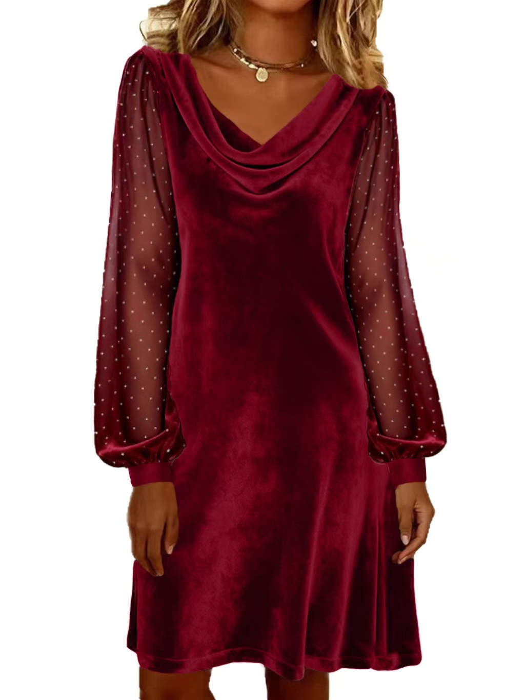 Women's Solid V-Neck Mesh A-Line Midi Dress with Sequin Detail