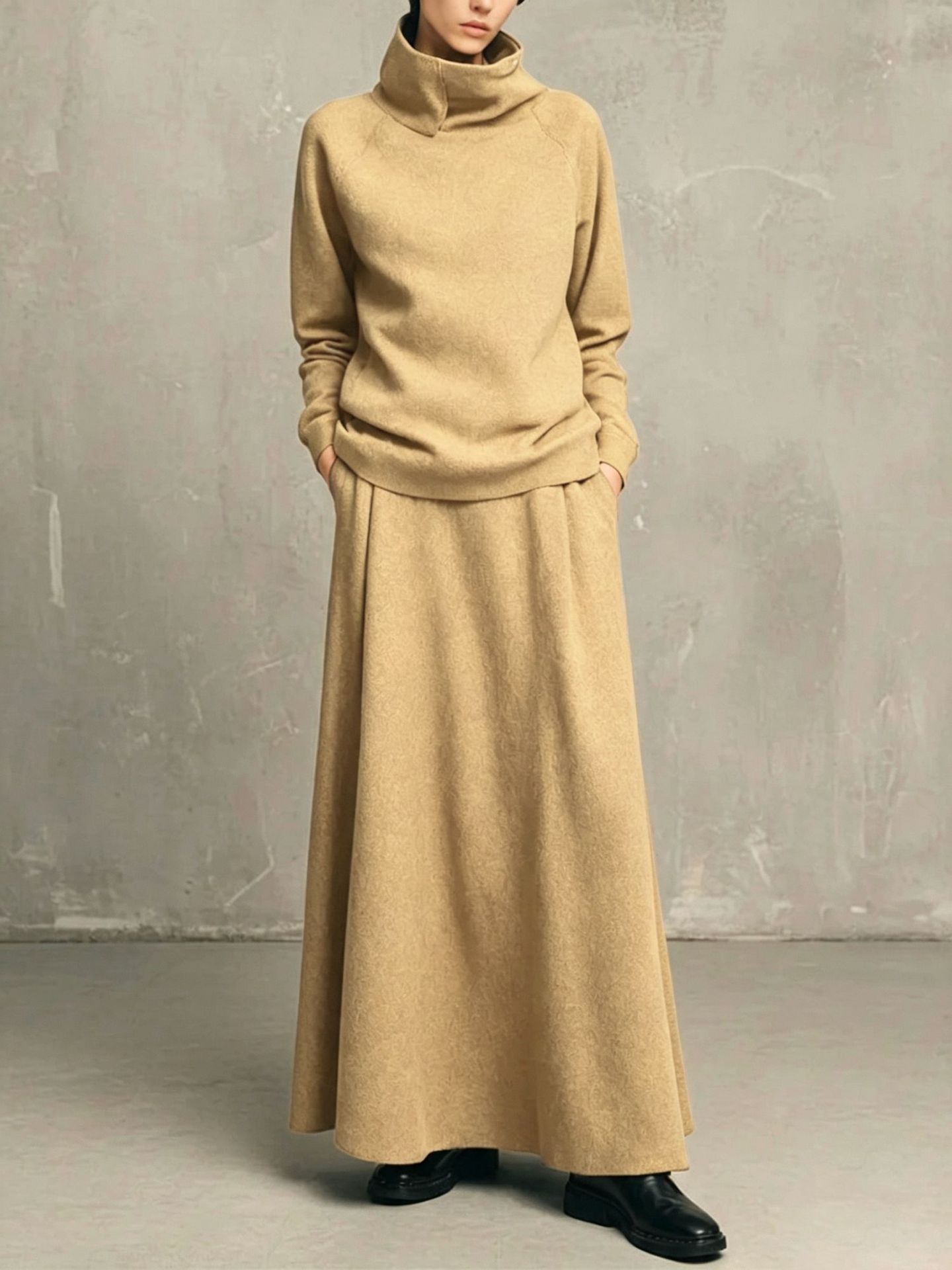 Women's Two-Piece Fleece-Lined Turtleneck Sweatshirt and Midi Skirt Set