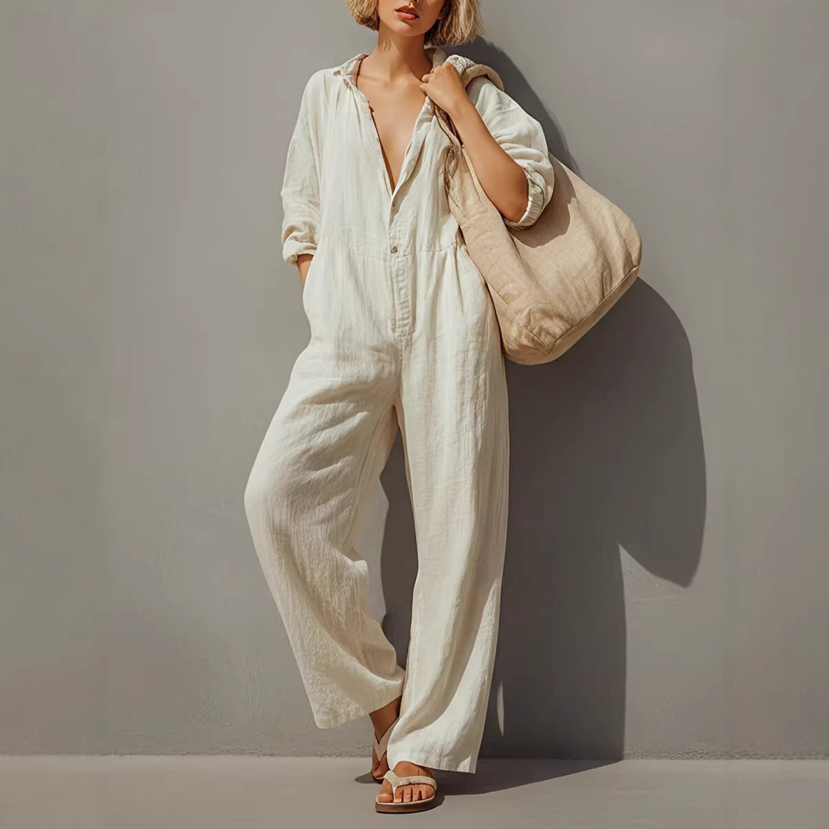 Women's V-Neck Button Long Sleeve Solid Color Jumpsuit with Pockets