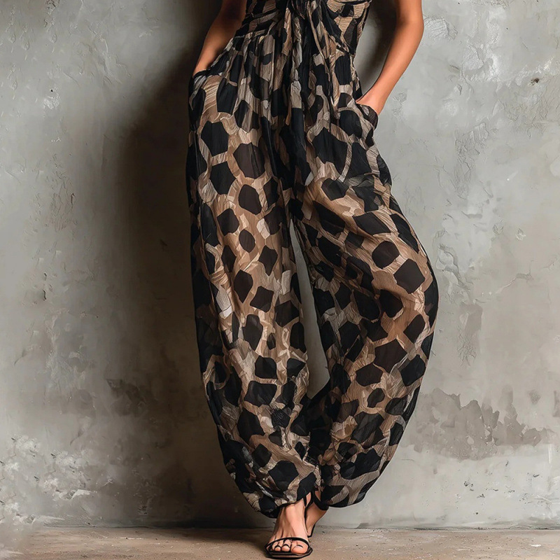 Leopard Print Twist Strap Deep V Wide Leg Jumpsuit