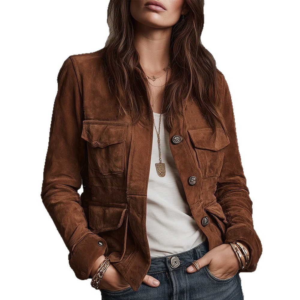 Women's Cropped Button Pocket Jacket Casual Loose Fit Solid