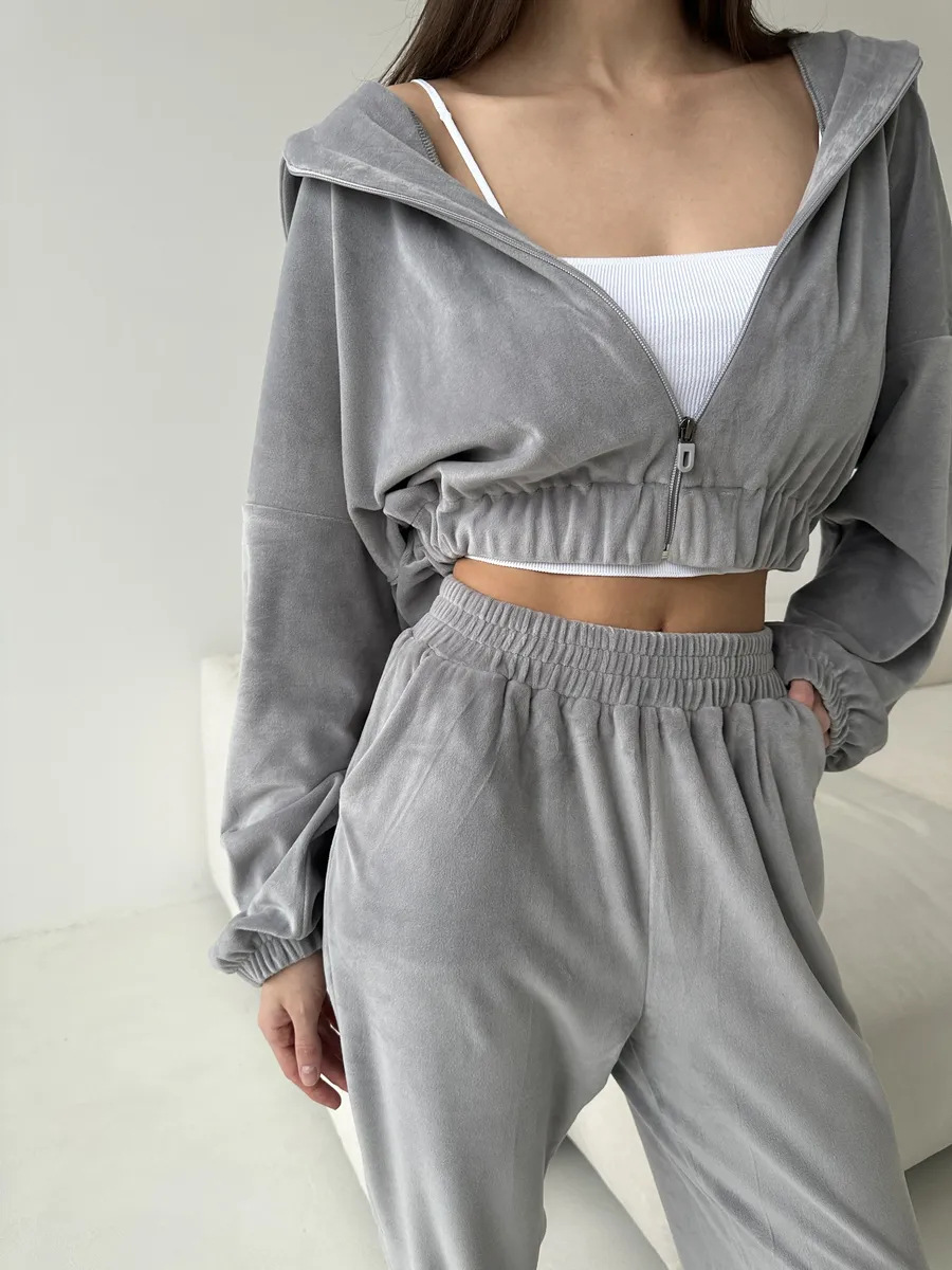 Women's Hooded Zip-Up Sweatsuit 2-Piece Set, Velvet, Long Sleeve