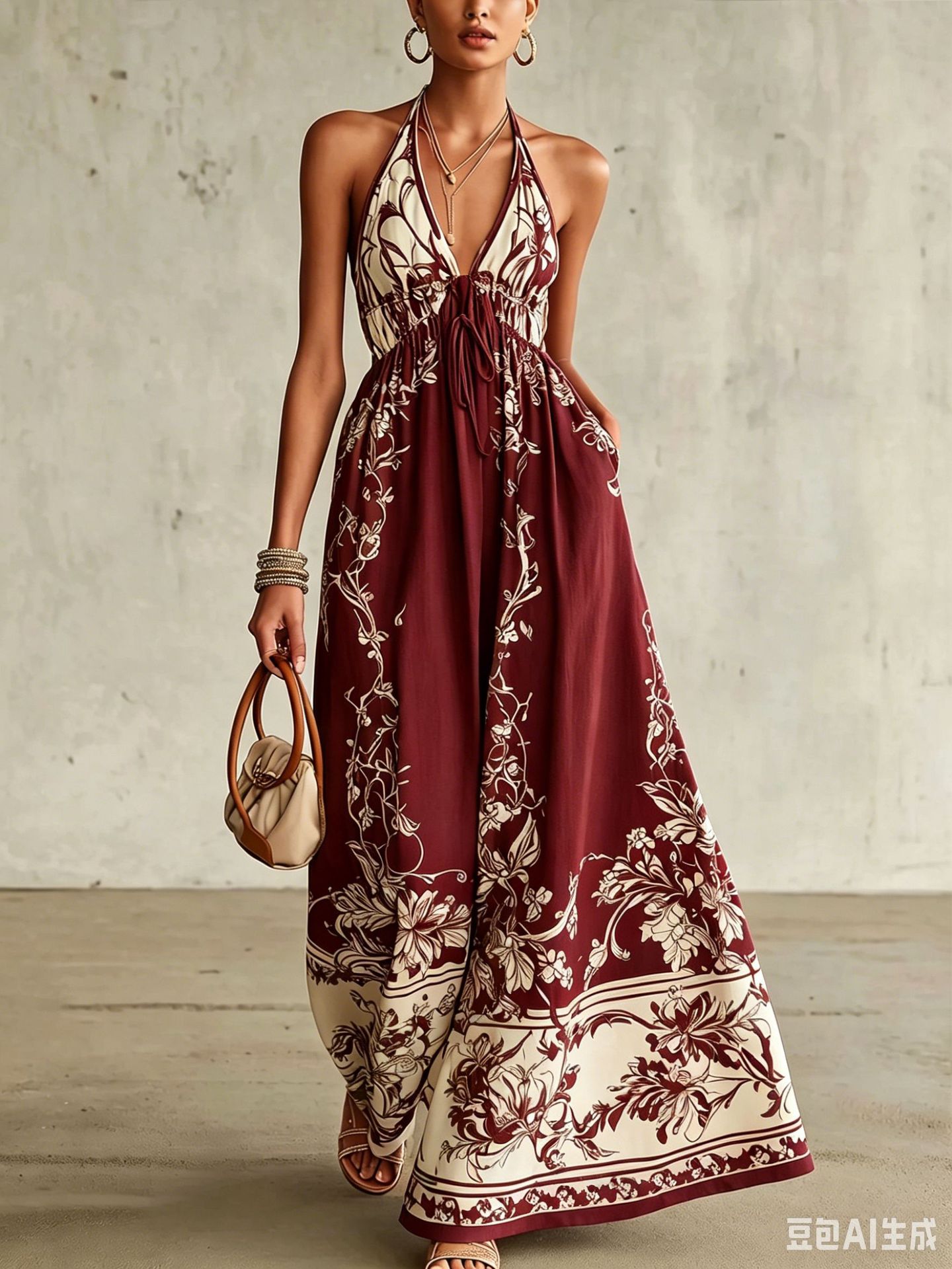 Bohemian V-Neck Sleeveless Maxi Dress Floral Print Beach Vacation