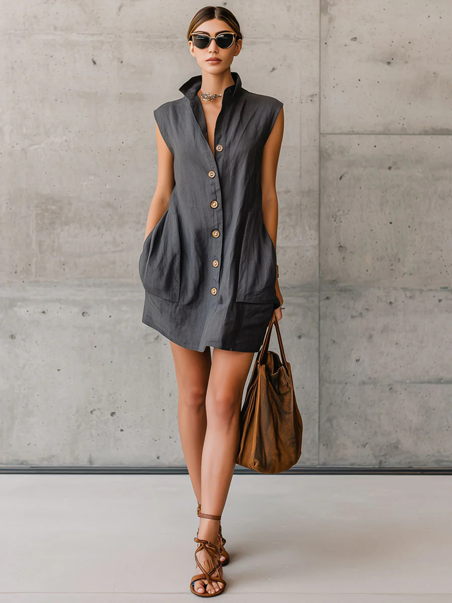 Women's Sleeveless Stand Collar Shirt Dress with Pockets Casual Vacation Short Dress