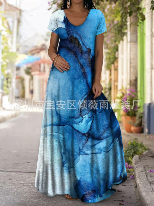 Women's Digital Print Casual Dress with Lantern Sleeves