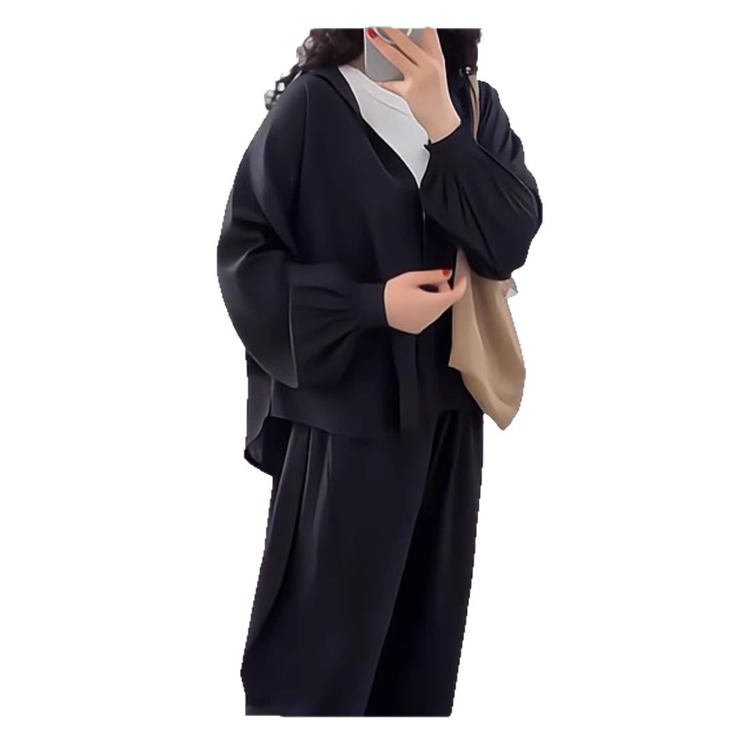 Women's Lazy Style Cardigan and Solid Pants Two-Piece Set