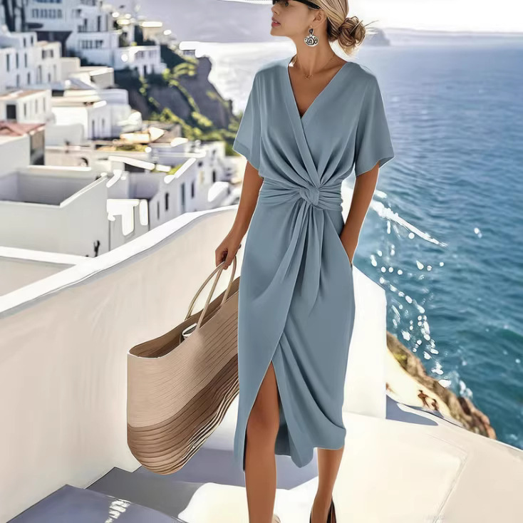Satin Wrap Dress with Slit V-Neck Short Sleeve Midi