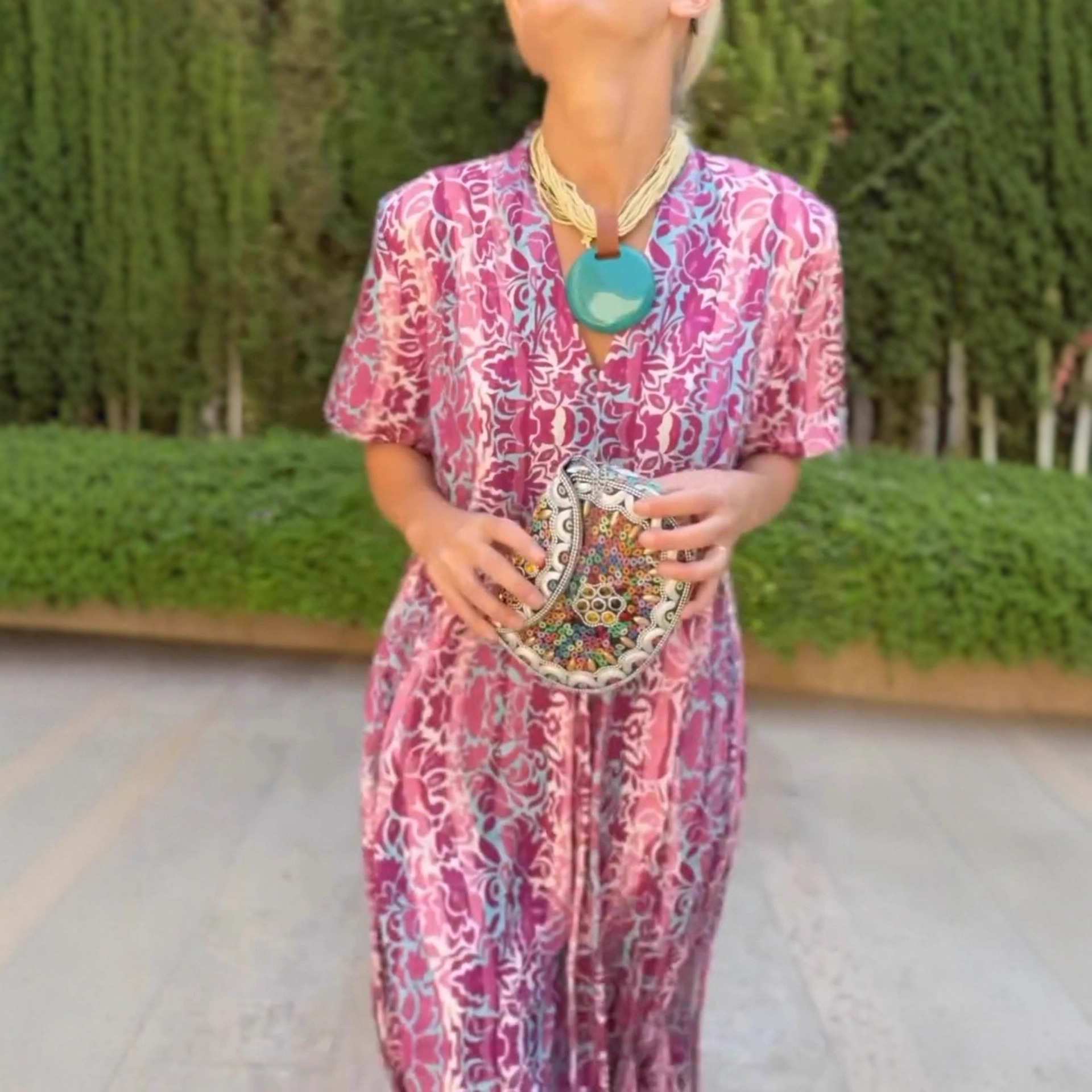 Women's Summer Floral V-Neck Midi Dress Short Sleeve Loose Waist