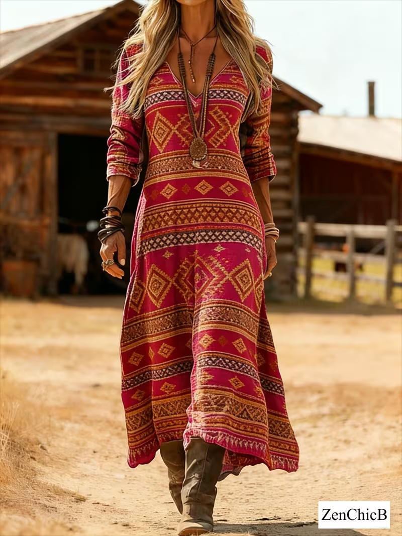 Women's Vintage Tribal Print Pleated Midi Dress