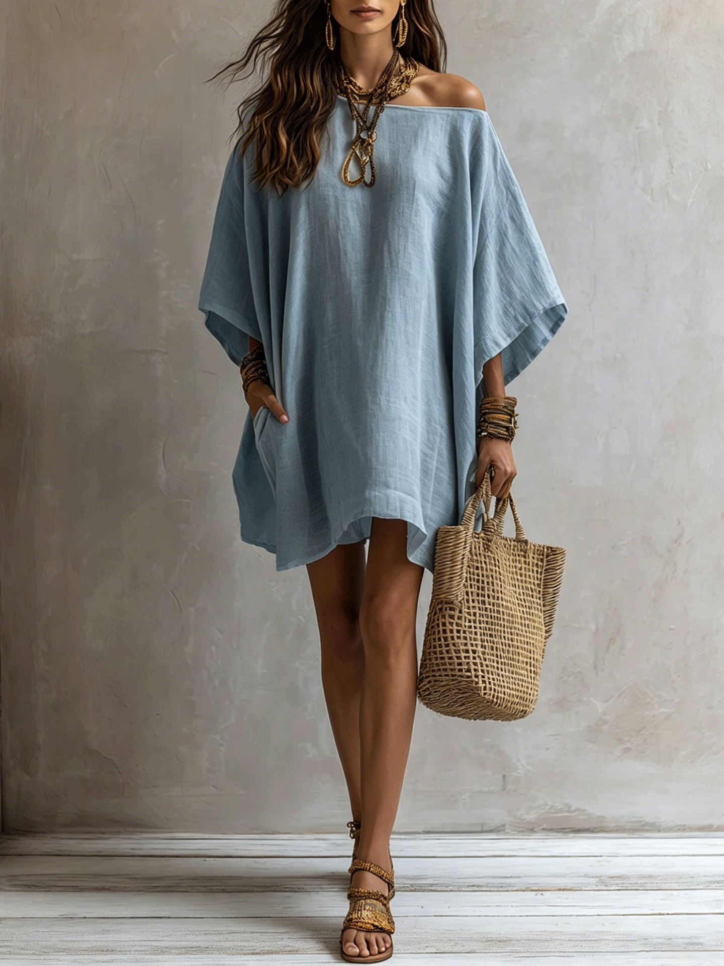 Off-Shoulder Cotton-Linen Midi Dress with Batwing Sleeves and Pockets