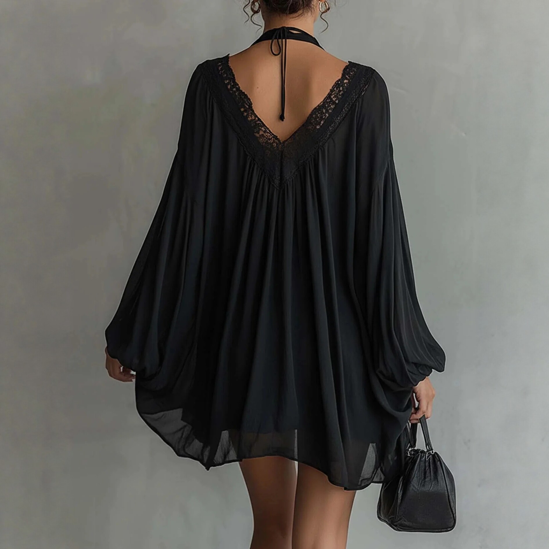 Black Lace Panel V-Neck Satin Robe Dress Sexy Loungewear