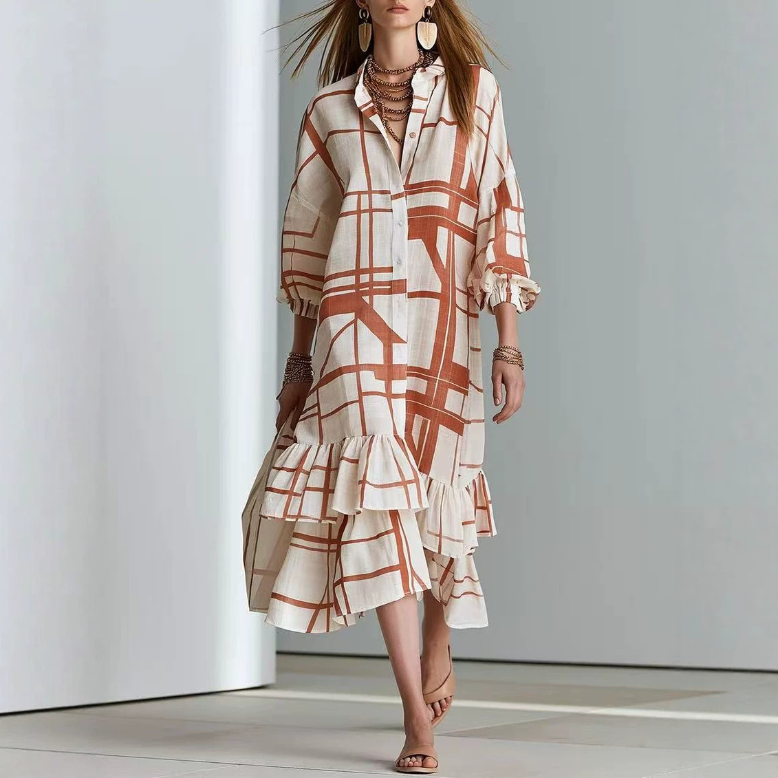 Bohemian Geometric Print Ruffle Asymmetrical Hem Long Shirt Dress