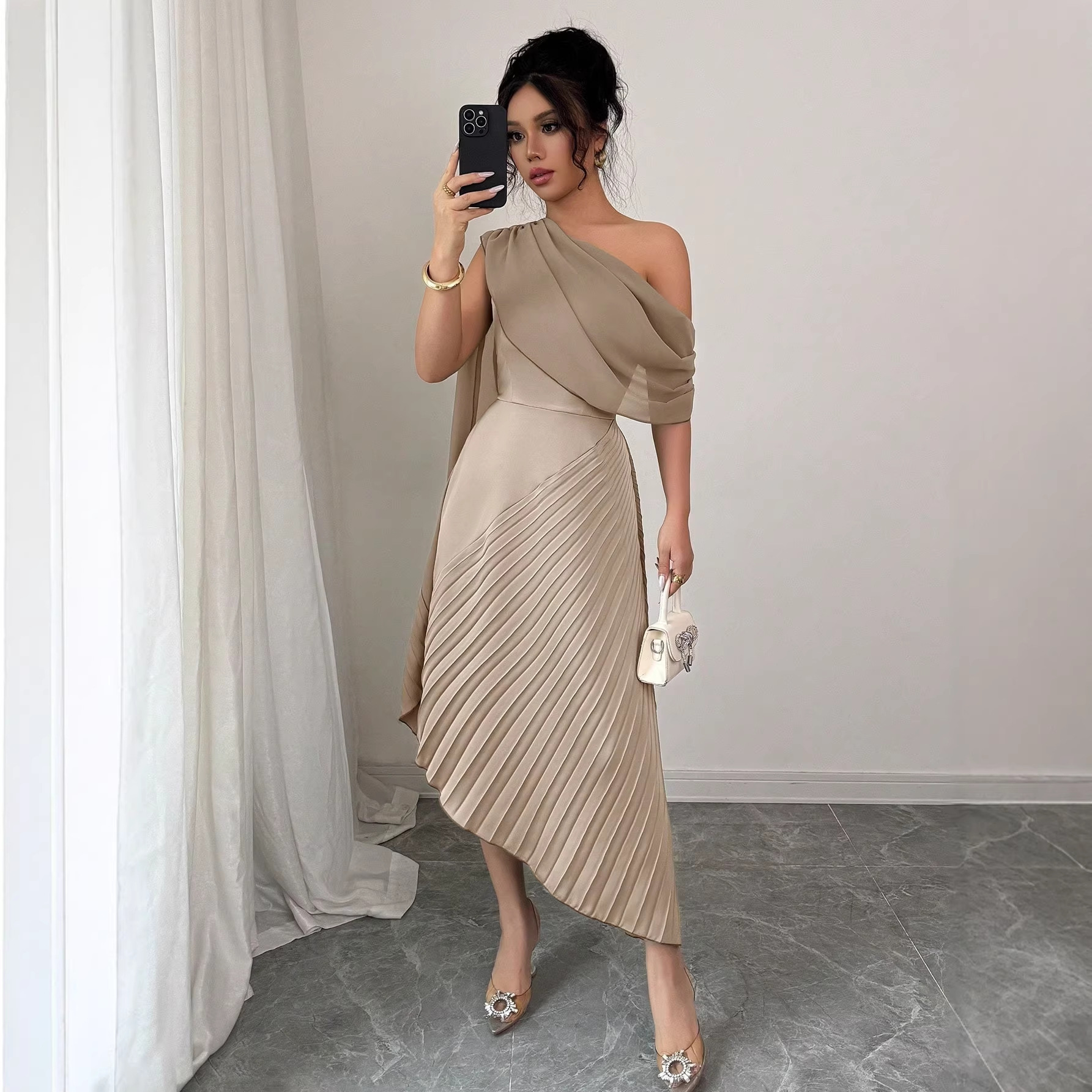 Women's One-Shoulder Ribbon Pleated Midi Dress Elegant Party Gown