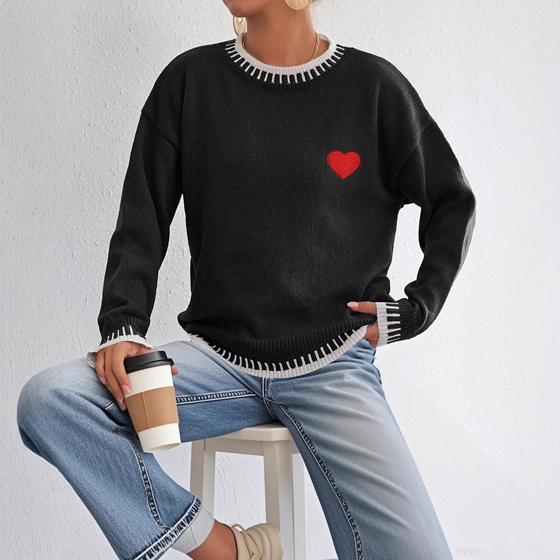 Color-Block Heart Embroidered Patch Pullover Sweater