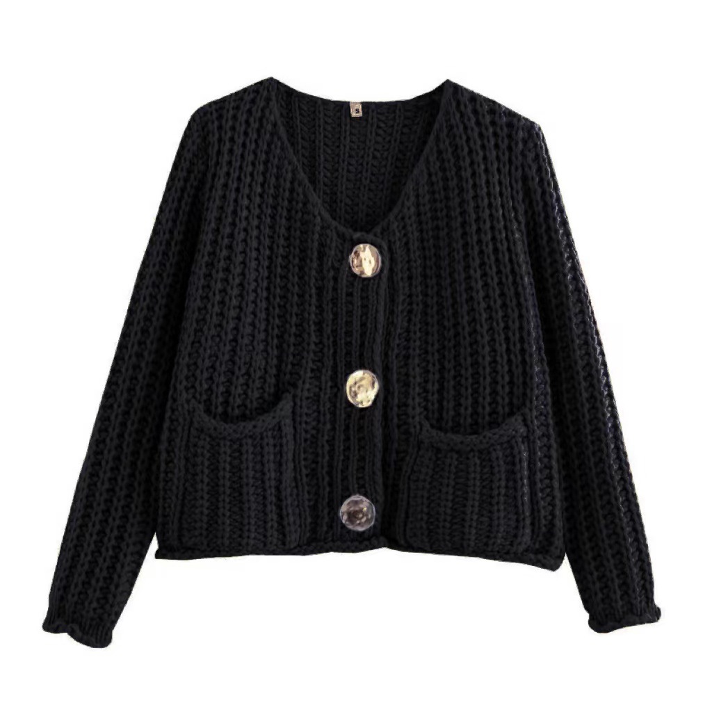 Women's Solid Color Single-Breasted Cropped Chunky Knit Cardigan Sweater