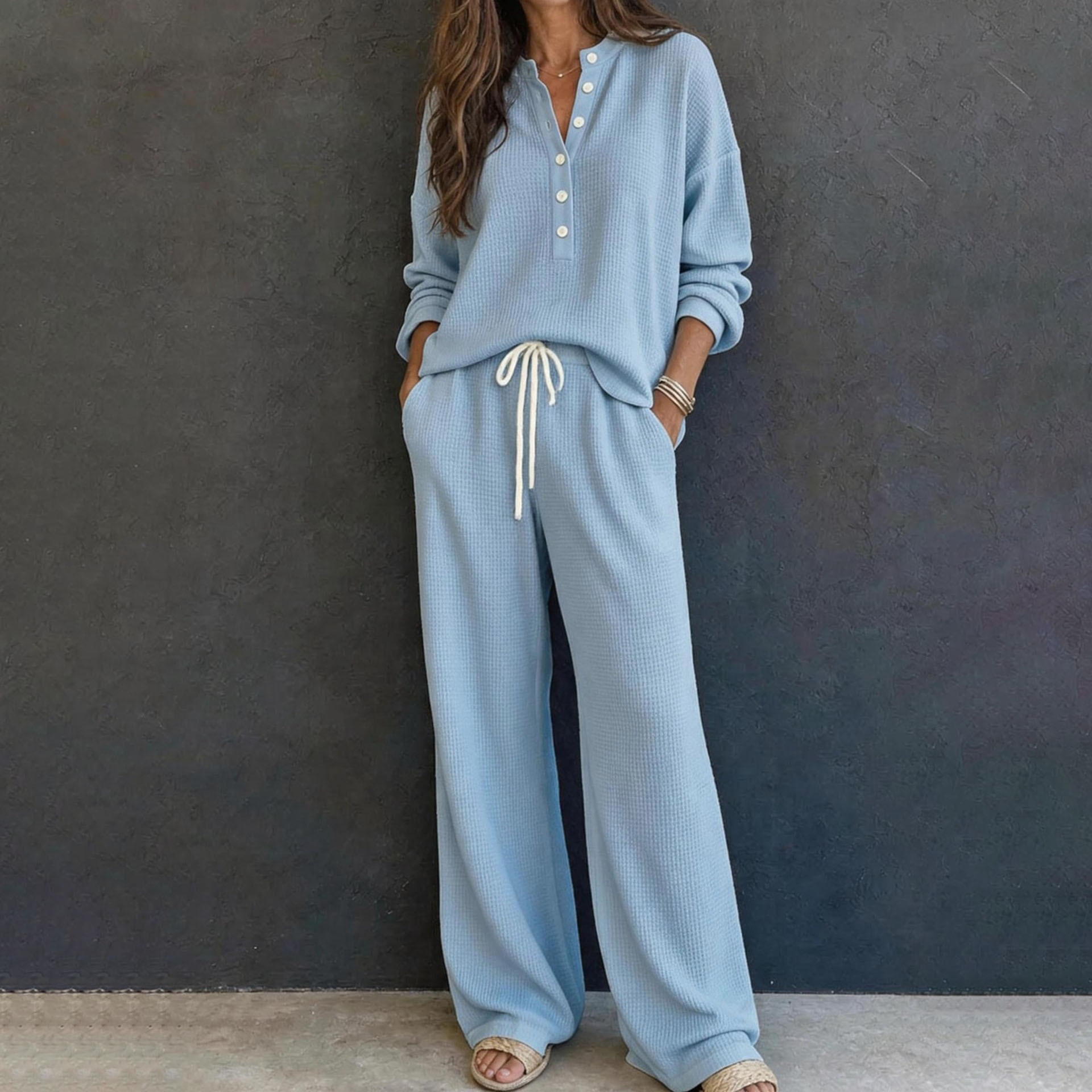 Women's Waffle Knit Long Sleeve Shirt and Pants Set Solid Color Loungewear