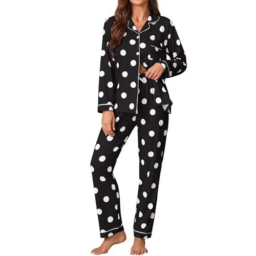 Women's Cuban Collar Polka Dot Print Long Sleeve Button Loungewear Set