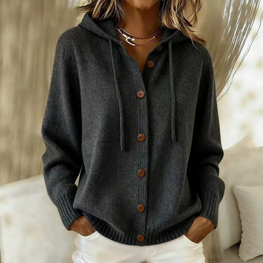 Button-Up Knit Hooded Cardigan Sweater Coat Solid Color Casual Women's