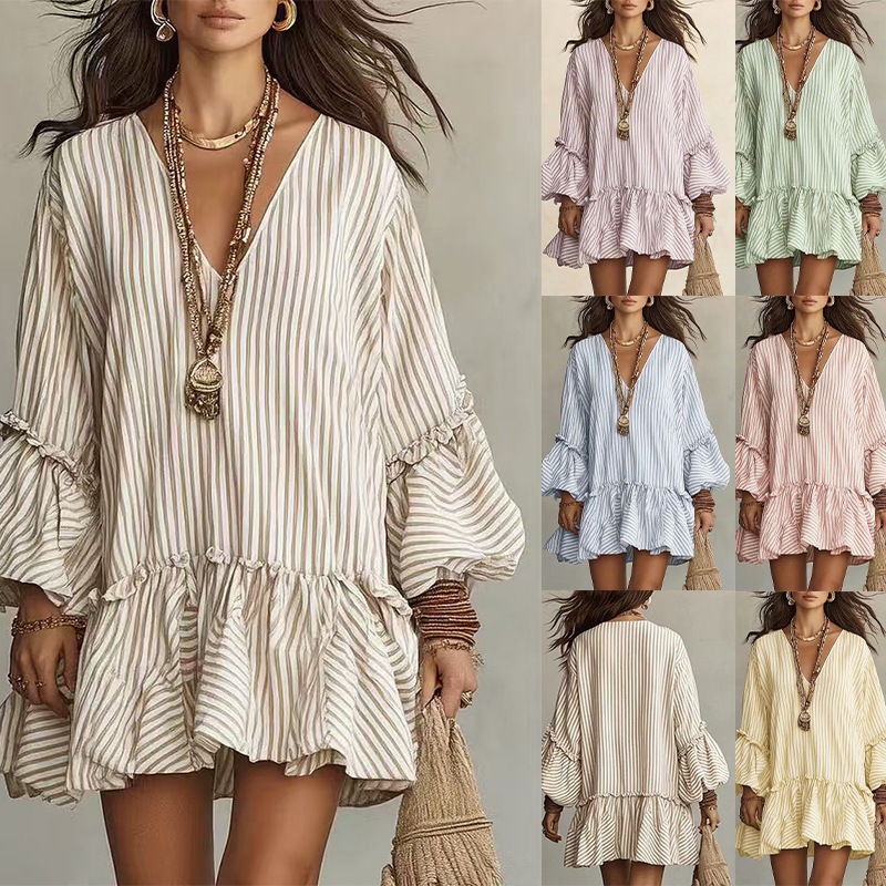 Women's Striped Print V-Neck Lantern Sleeve Loose A-Line Short Dress
