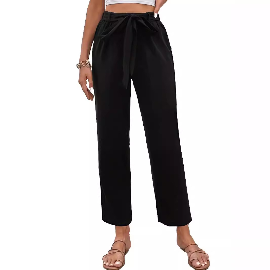 Cotton-Linen Wide-Leg Cropped Pants with Elastic Waist and Tie