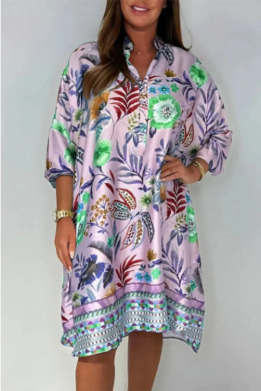 Women's V-Neck Floral Print Midi A-Line Dress with Puff Sleeves