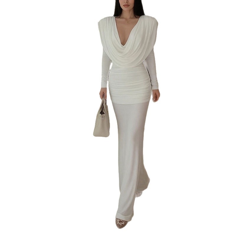 Women's Elegant Solid Color Long Dress V-Neck Long Sleeve High Waist A-Line