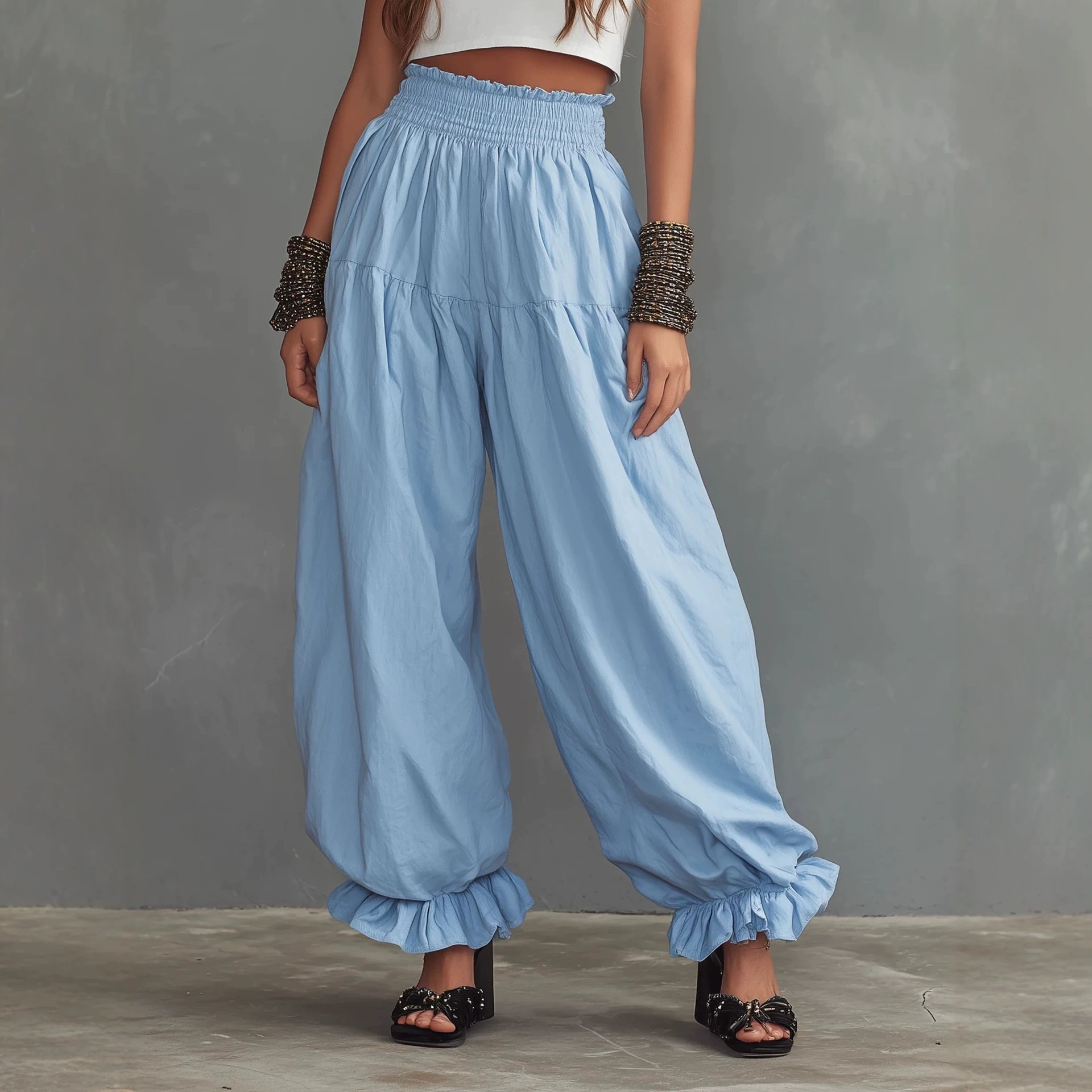 Women's Loose Ruffle Hem Lantern Pants Casual High Waist