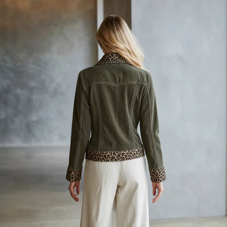 Retro Leopard Trim Zip-Up Olive Jacket
