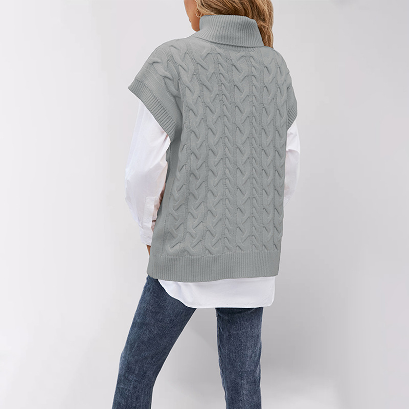 Women's Sleeveless Cable Knit Turtleneck Sweater Vest Loose Pullover