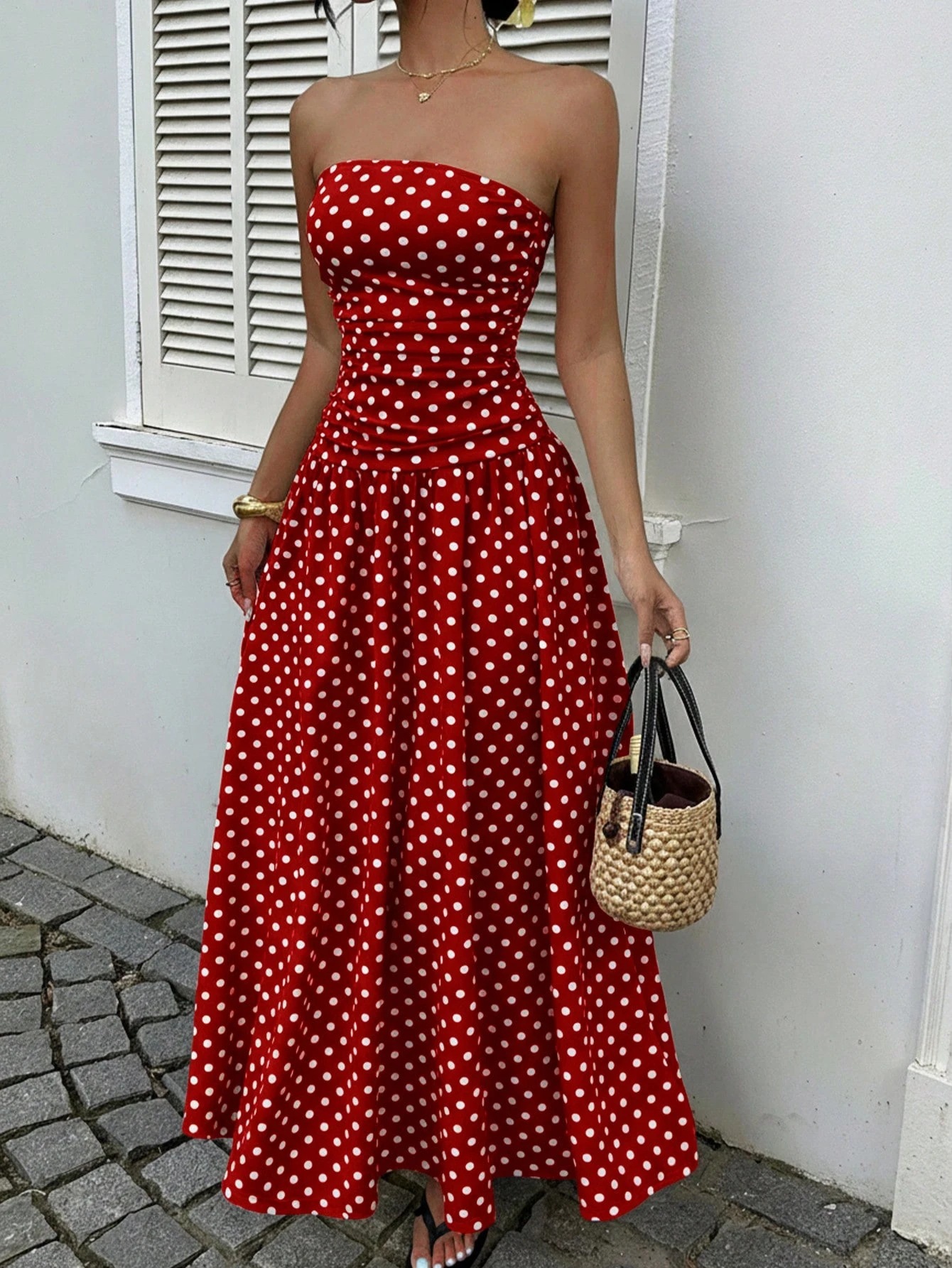 Sexy Off-Shoulder Polka Dot A-Line Dress with Waist-Cinching Slimming Evening Gown