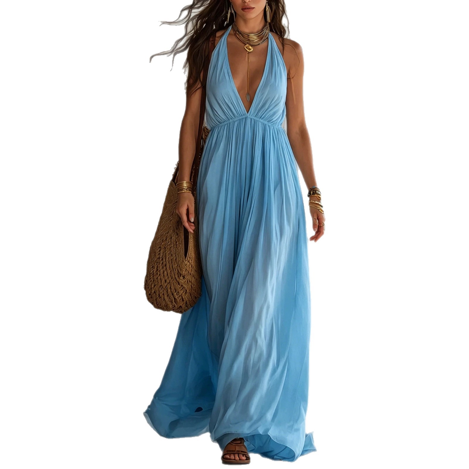 Women's Deep V-Neck Pleated Halter Open-Back Long Evening Dress