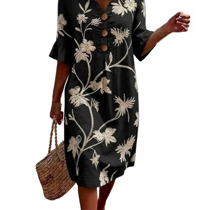 Women's Floral Print Ruched Three-Button Rolled-Sleeve Dress