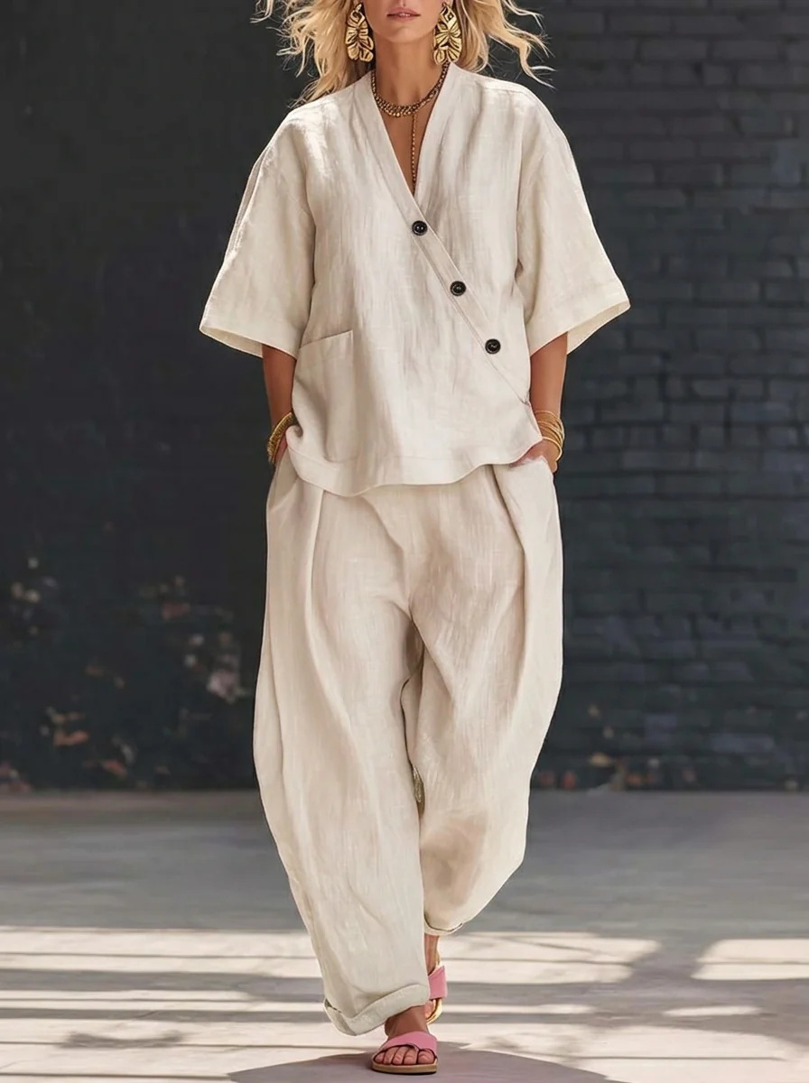 Women's Casual Solid V-Neck Short Sleeve Top and Pants Two-Piece Set