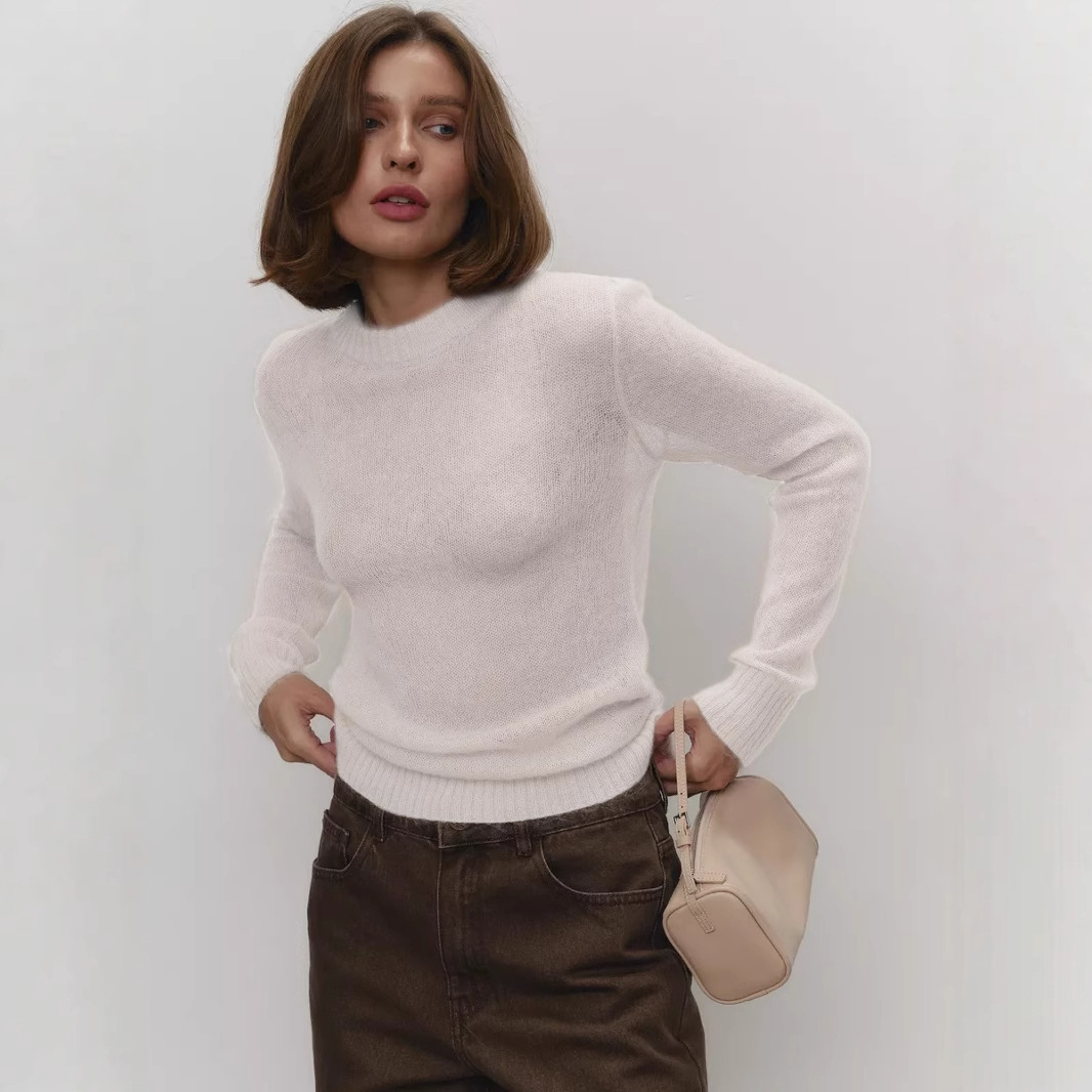 Mohair Blend Crewneck Pullover Sweater Women's Sheer Knit Top