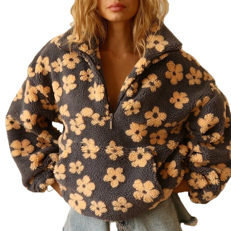 Women's Faux Shearling Floral Print Loose Zip Hoodie Long Sleeve Top