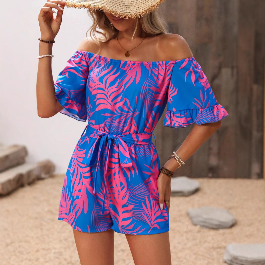 Women's Off-Shoulder Printed Jumpsuit with Belt