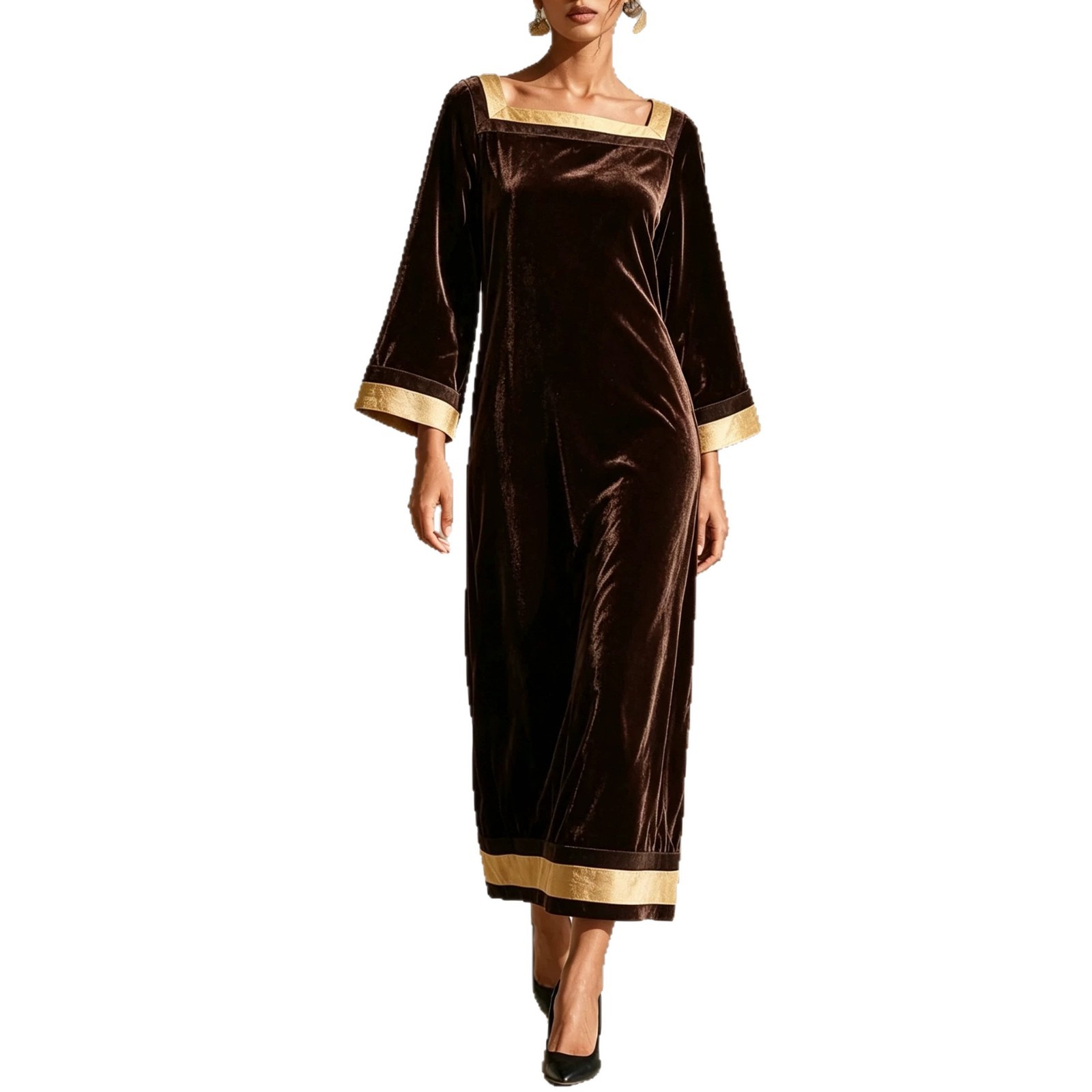 Women's Vintage Velvet Square Neck Midi Dress with Nine-Tenth Sleeves