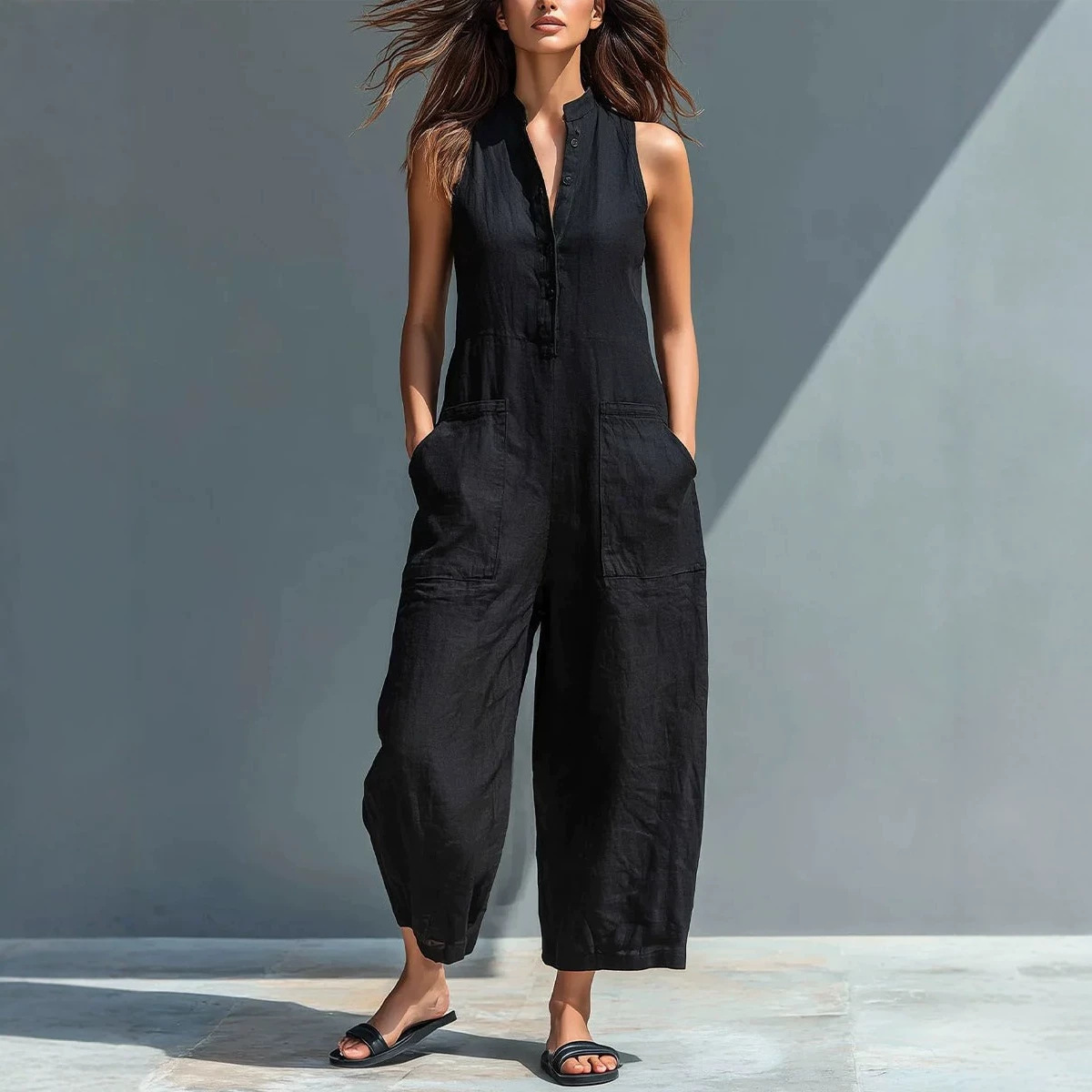 Women's Sleeveless Button-Front Wide-Leg Jumpsuit