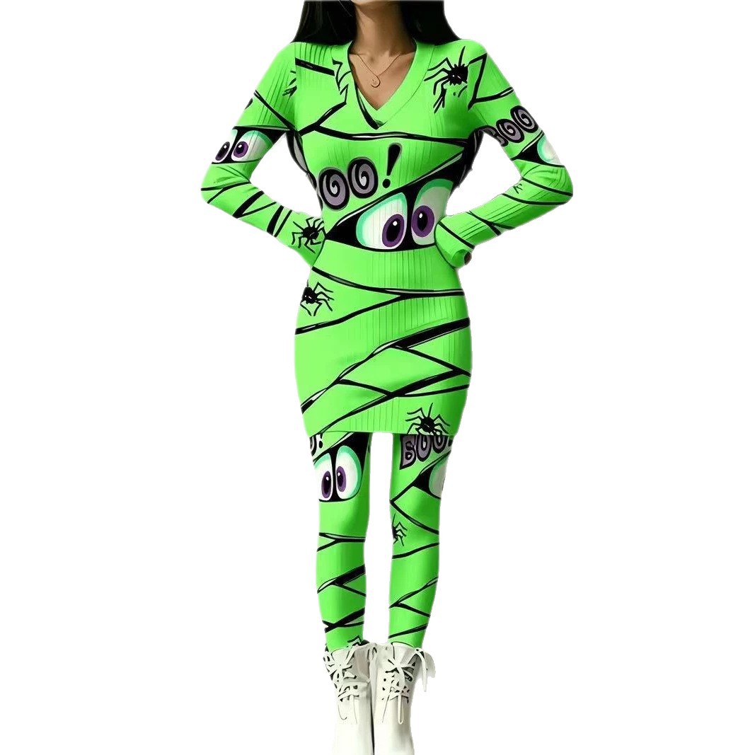 Anime Eye Print Long Sleeve Bodycon Top and Skirt Set