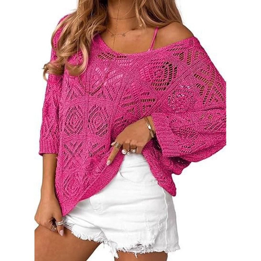 V-Neck Diamond Crochet Hollow-Out Knit Top with Dolman Sleeves