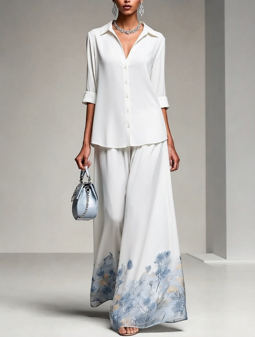 Floral Print Shirt and A-Line Midi Skirt Set with Collar and 3/4 Sleeves