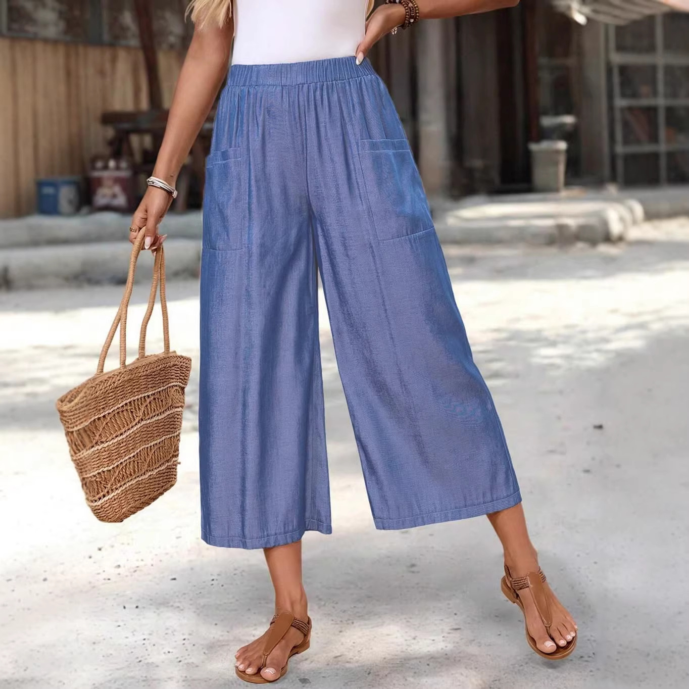 Women's Loose Wide-Leg Capri Pants with Pockets Casual