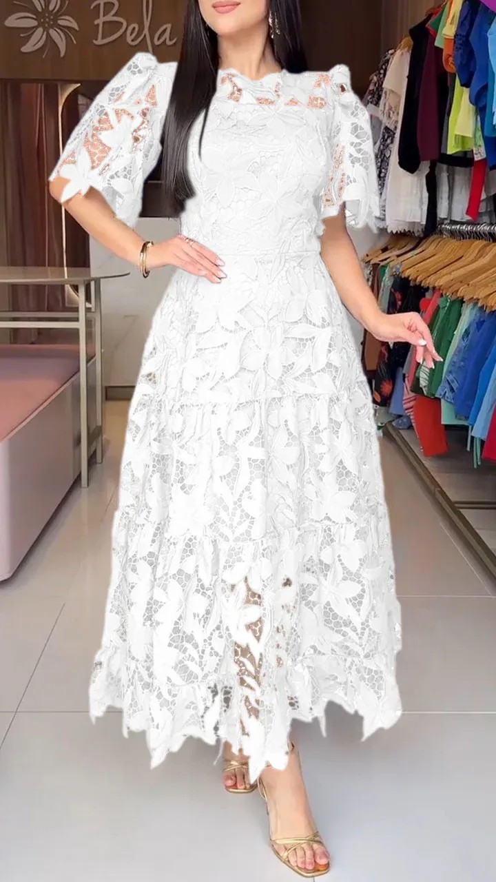 Women's Elegant Round Neck Hollow Lace Dress
