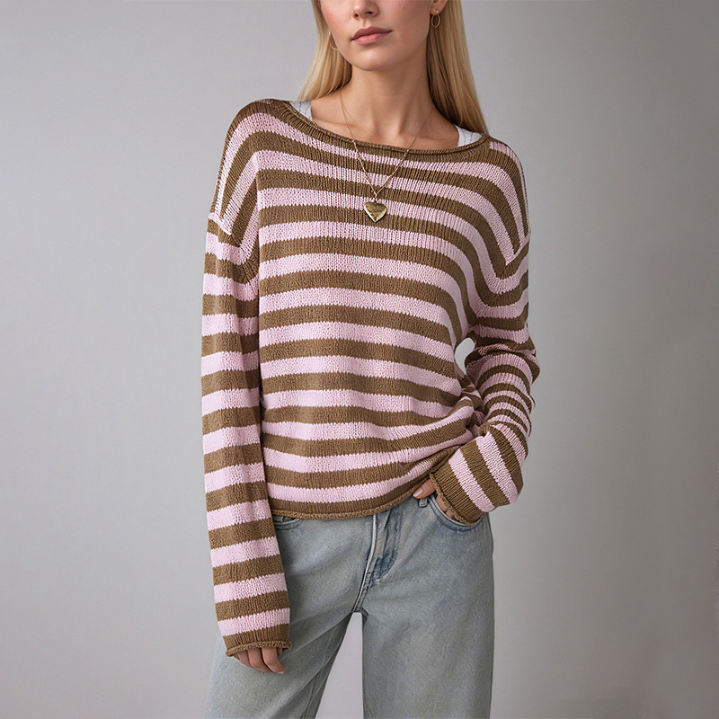 Striped Color-Block Crewneck Pullover Sweater Loose Fit Knit Top