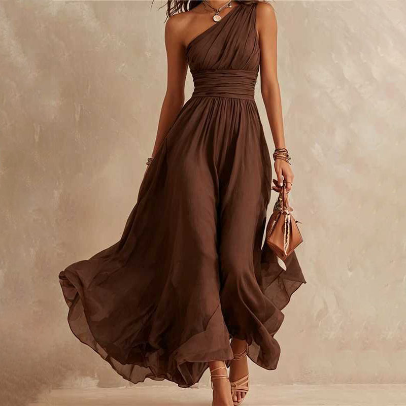 Women's Summer Halter Neck Solid Color Long Dress