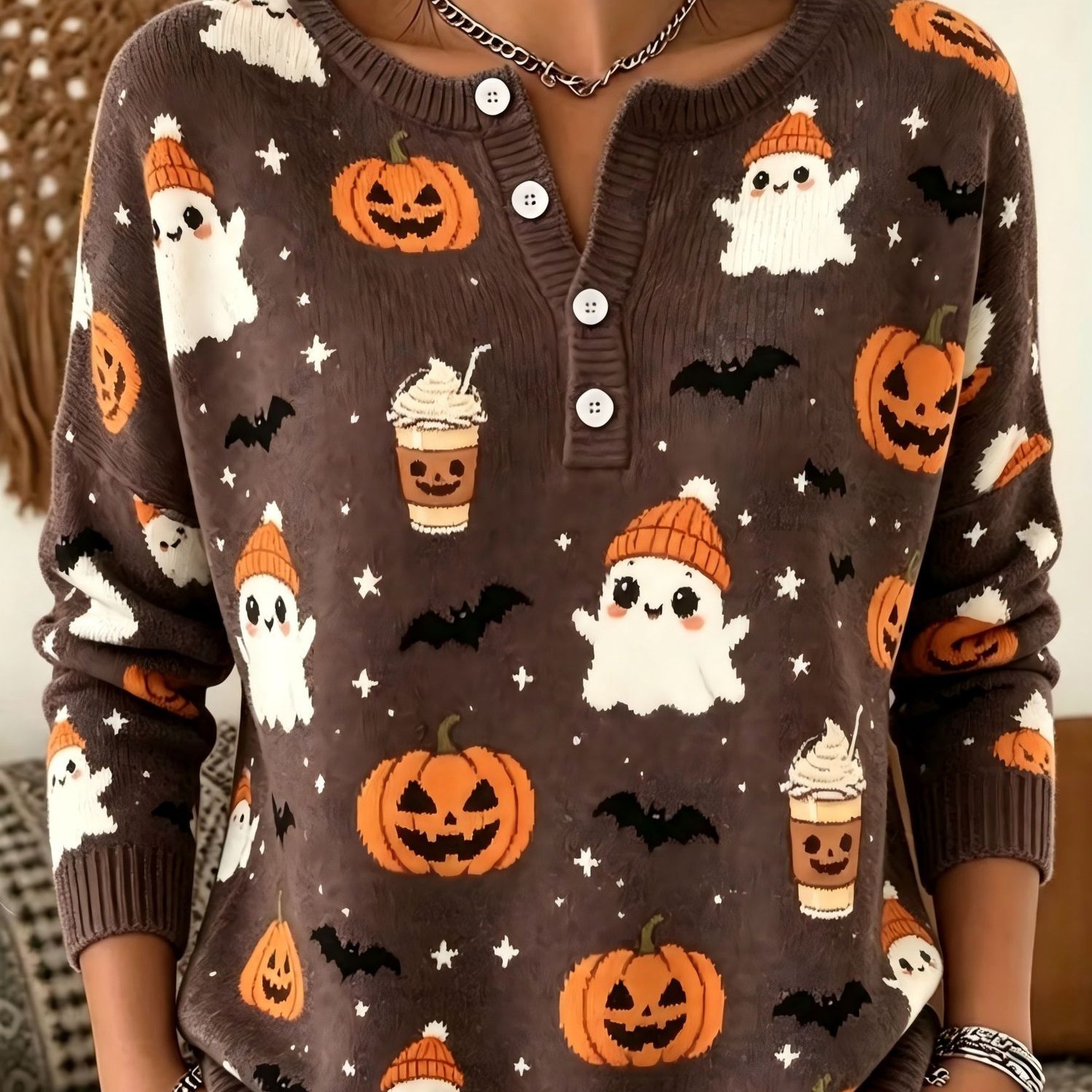 Women's Halloween Pumpkin Ghost Print Button Sweatshirt